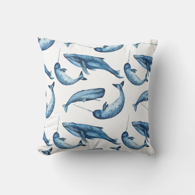 Coussin Beaux baleines bleues et carreau de Narwhals | (Recto)