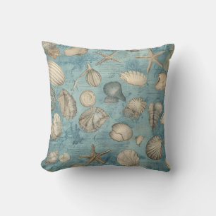 Coussin Beaux Coquillages Vintages En Bleu