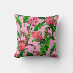 Coussin Beaux Feuilles verts tropicaux aux fleurs rouges  