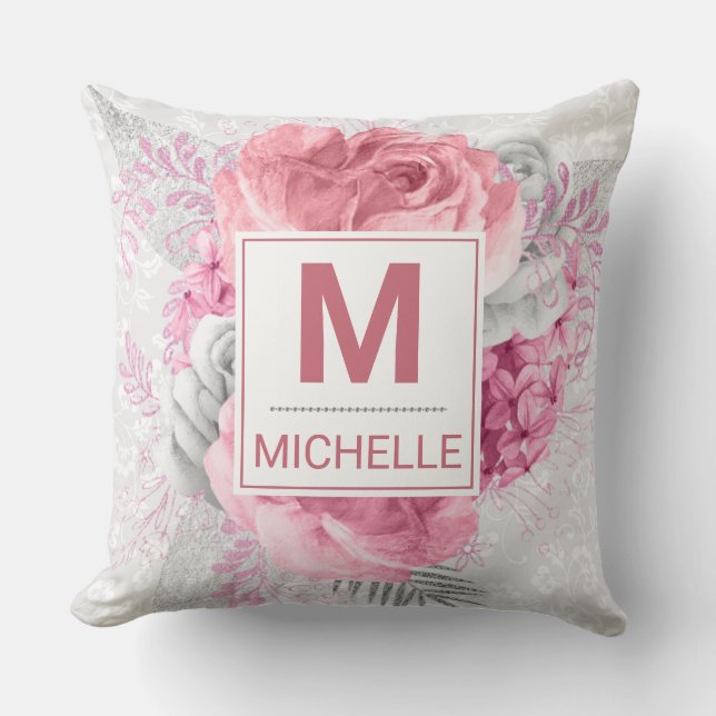 Coussin Beaux Fleurs Roses, Blanches et Argentées Monogram (Recto)