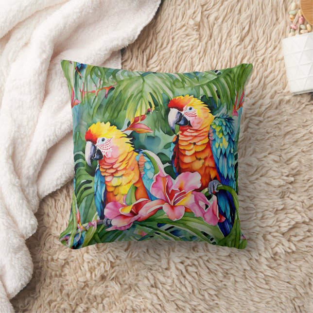 Coussin Beaux perroquets colorés et fleurs tropicales (Couverture)