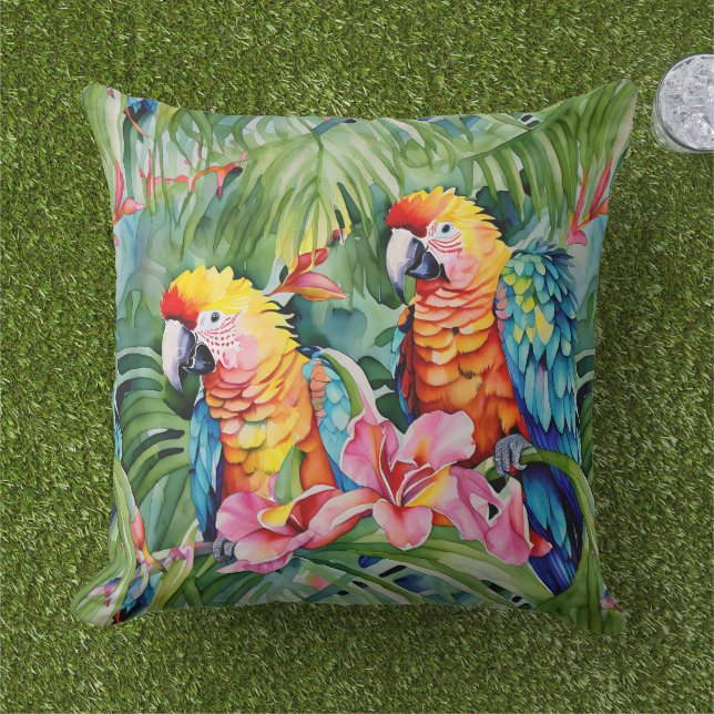 Coussin Beaux perroquets colorés et fleurs tropicales (Herbe)