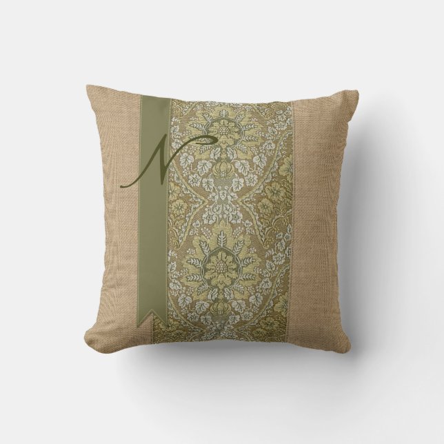 Coussin Beaux points naturels de ruban de damassé de vert (Recto)