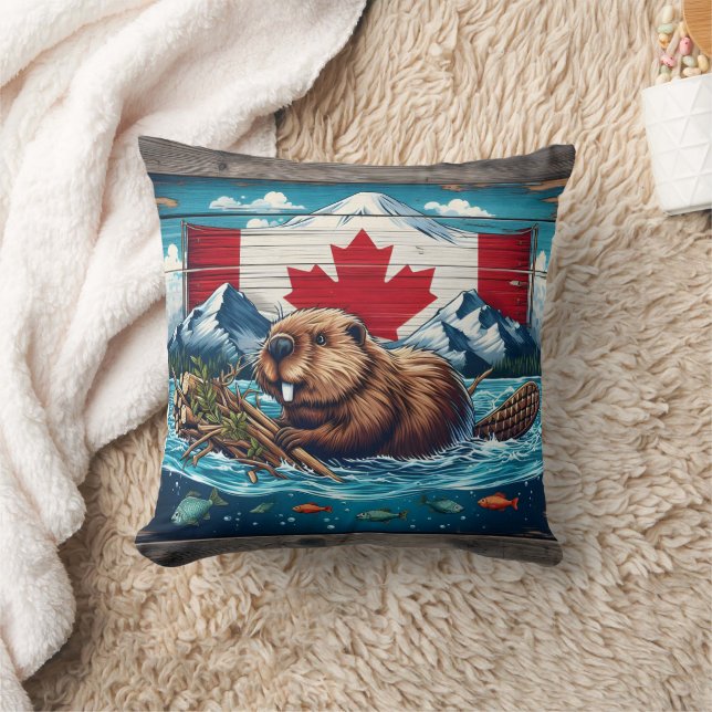 Coussin Beaver Builds Lodge, Drapeau derrière (Couverture)