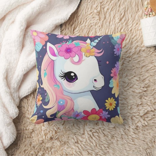 Coussin Bébé blanc adorable licorne avec fleurs (Couverture)