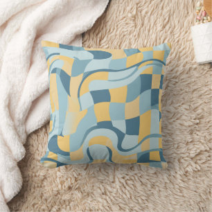Coussin Bébé bleu et jaune beurre à carreaux rétro ondulés