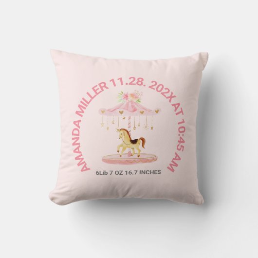Coussin Bébé Carousel Bébé rose mou Date de naissance (Recto)