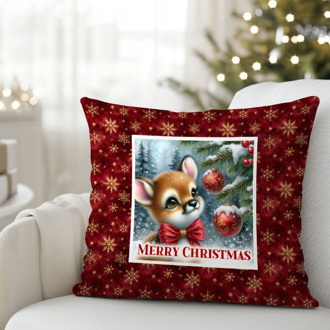 Coussin Bébé cerf joyeux forêt enneigée Noël cadeau pour e (Joyful Baby Deer Snowy Forest Kids Gift Christmas Pillow

)