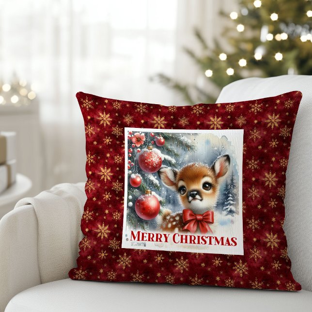 Coussin Bébé cerf rêveur forêt enneigée enfants cadeau de  (Dreamy Baby Deer Snowy Forest Kids Gift Christmas Pillow

)