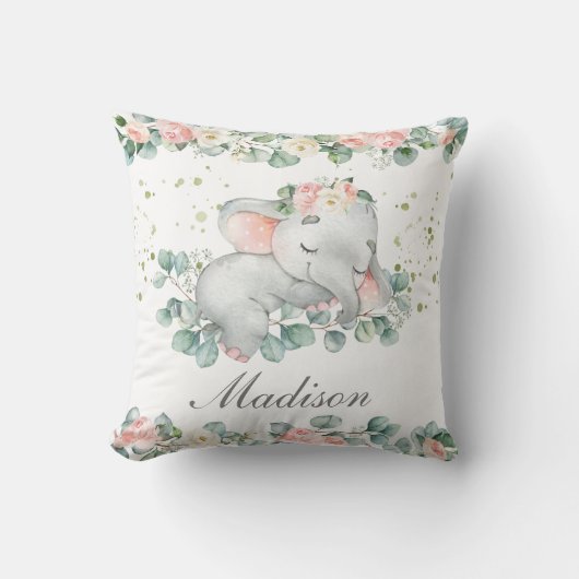 Coussin Bébé dormant mignon éléphant rose floral vert (Recto)