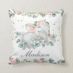 Coussin Bébé dormant mignon éléphant rose floral vert