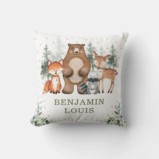 Coussin Bébé doux Animaux boisés Verdure Pépinière d'or (Recto)