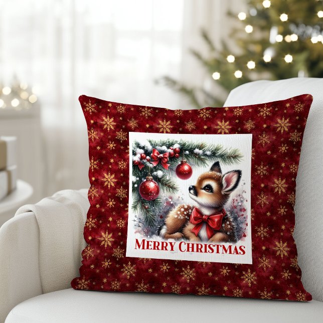 Coussin Bébé faon festif forêt enneigée cadeau de Noël pou (Festive Baby Fawn Snowy Forest Kids Gift Christmas Pillow

)