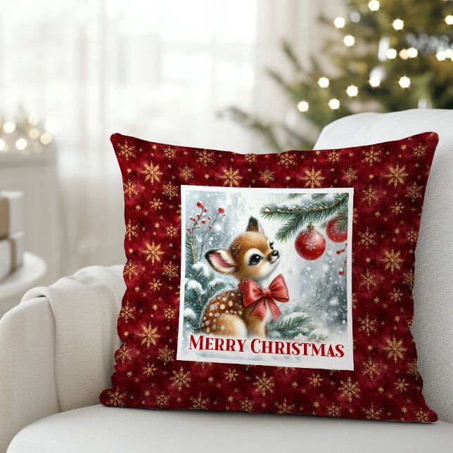 Coussin Bébé faon festif scène hivernale de Noël  (Lovely baby fawn festive winter scene Christmas pillow)
