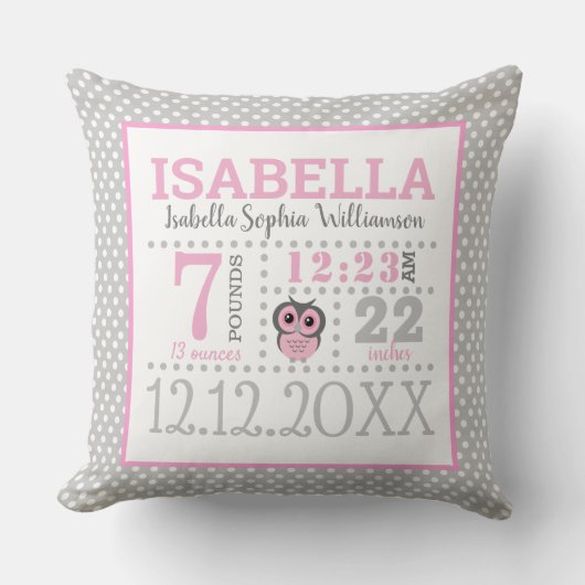 Coussin Bébé fille Faire-part de naissance (Recto)