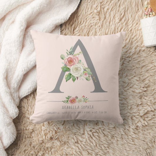 Coussin Bébé Fille Monogram | Statistiques de naissance Cœ (Couverture)