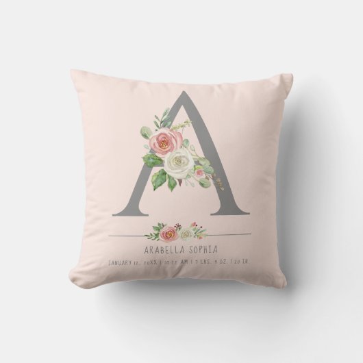 Coussin Bébé Fille Monogram | Statistiques de naissance Cœ (Recto)