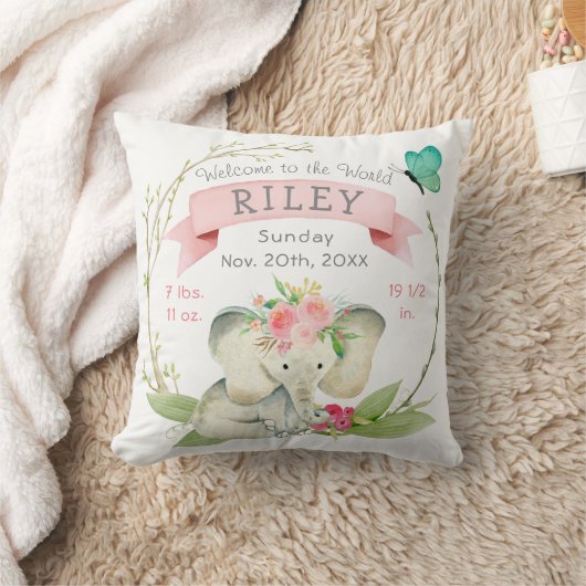 Coussin Bébé Fille Naissance Statistiques Cute Elephant (Couverture)