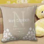 Coussin Bébé Filles Naissance Statistiques Fleurs Monogram<br><div class="desc">Ce mignon coussin de pépinière est doté d'un arrière - plan naturel couleur avoine avec des accents de blanc et est parfait pour votre bébé nouveau-né fille. Le design offre un texte personnalisé pour un monogramme,  nom et statistiques de naissance et est accentué de fleurs marguerites blanches.</div>