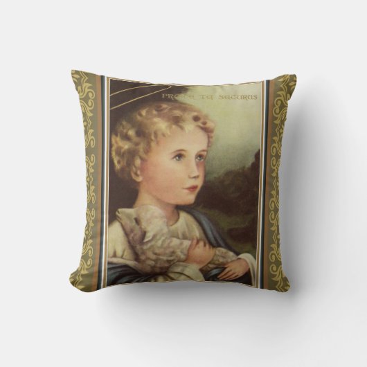 Coussin Bébé Jésus d'or tenant des mots de l'agneau (Recto)