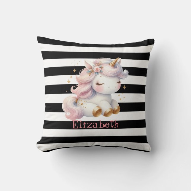 Coussin Bébé licorne noir blanc rayures (Recto)