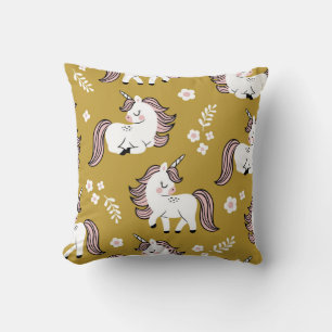 Coussin Bébé licornes, fleurs, motif vintage jaune.