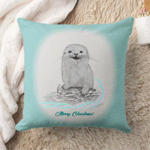 Coussin Bébé loutre de mer blanche mignonne, Joyeux Noël