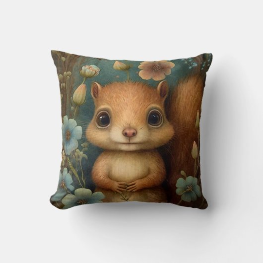 Coussin Bébé mignon écureuil bleu fleurs peinture (Recto)