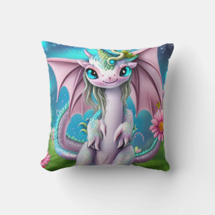Coussin Bébé mignon et souriant Dragon aux fleurs