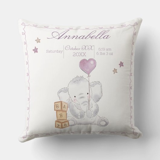 Coussin Bébé mignon fille éléphant et ballons aquarelle (Verso)