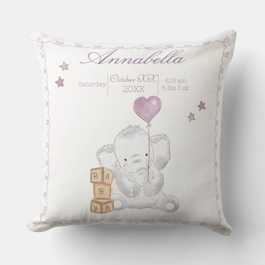 Coussin Bébé mignon fille éléphant et ballons aquarelle (Recto)