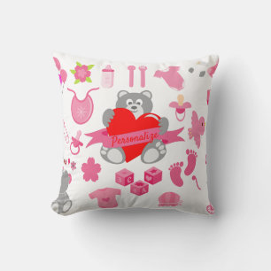 Coussin Bébé mignon Fille rose Teddy Ours personnalisé