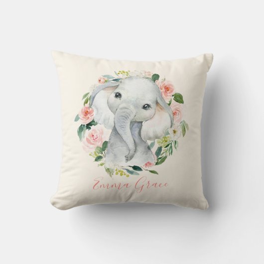 Coussin Bébé mignon Flore d'éléphant avec le nom de l'enfa (Recto)