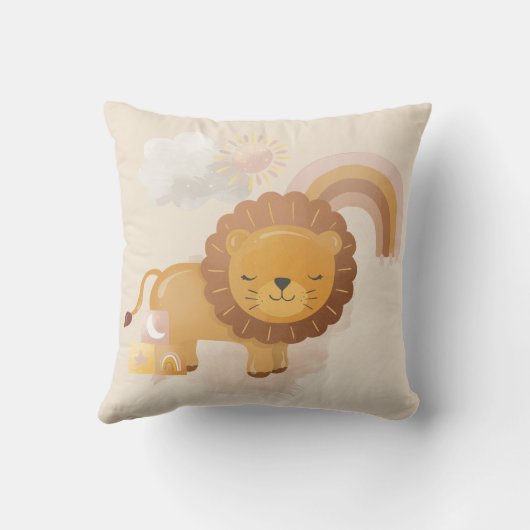 Coussin Bébé mignon Lion Cub & Boho Arc en ciel sur Beige (Verso)