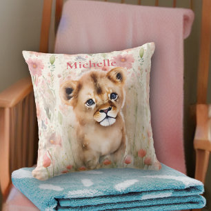 Coussin Bébé mignon Lion Pastel Aquarelle Fleurs de printe