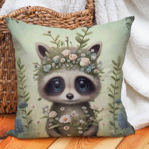 Coussin Bébé mignon Raccoon Fleurs Peinture