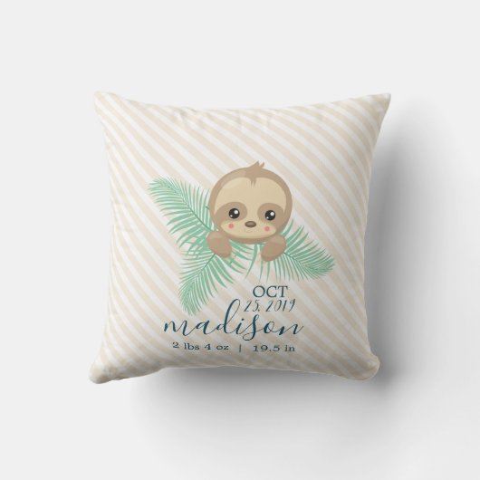 Coussin Bébé mignon Sloth Bébé Statistiques de naissance J (Verso)