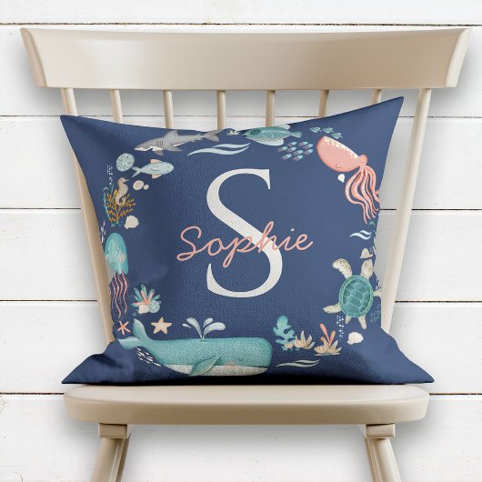 Coussin Bébé Monogramme bleu sous la pieuvre de mer