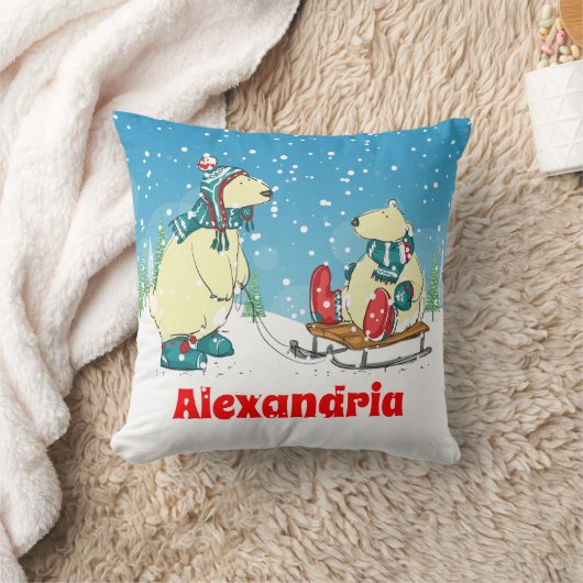 Coussin Bébé ours sur traîneau en hiver Neige un enfant fe (Couverture)