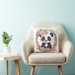 Coussin Bébé Panda Adorable avec des Fleurs