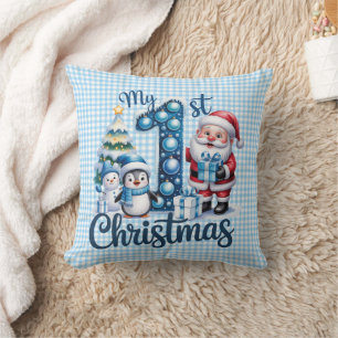 Coussin Bébé personnalisé Gingham bleu Mon premier Noël