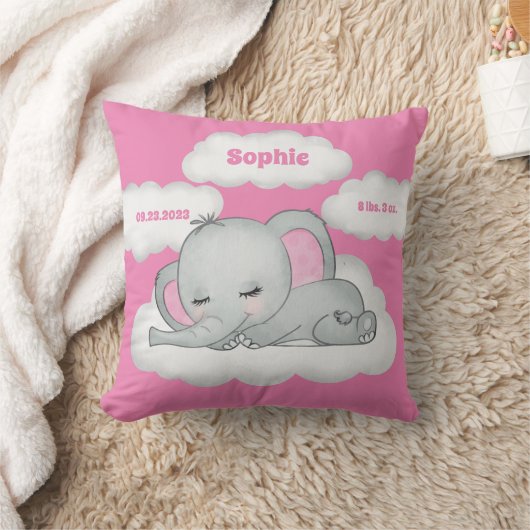 Coussin Bébé rose Fille éléphant Keepsaké Nom Statistiques (Couverture)