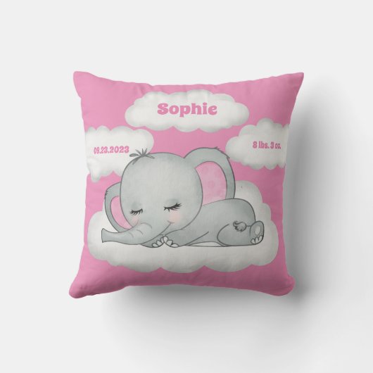 Coussin Bébé rose Fille éléphant Keepsaké Nom Statistiques (Verso)