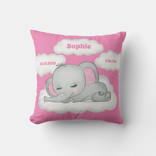 Coussin Bébé rose Fille éléphant Keepsaké Nom Statistiques (Recto)