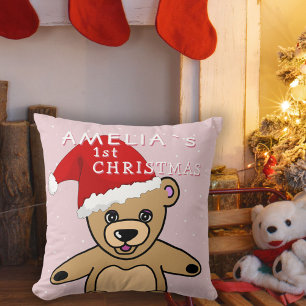 Coussin Bébé`s premier Noël rose Teddy Ours Père Noël