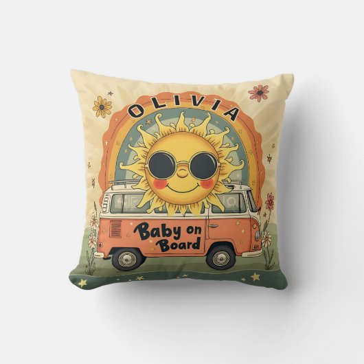 Coussin Bébé souriant rétro groovy Soleil, vibrations de p (Recto)