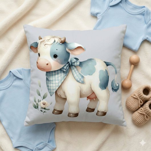 Coussin Bébé vache à carreaux bleus esthétique de ferme pa