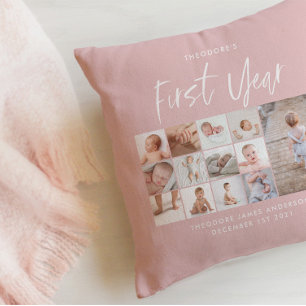 Coussin Bébés première année photo collage script rose