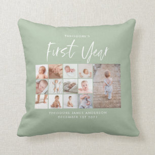Coussin Bébés première année photo collage script vert