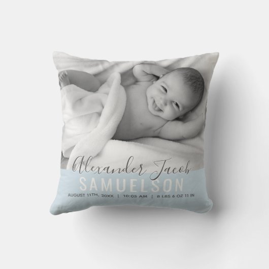 Coussin BÉBY Boy Blue Keepsaké Nom Date de naissance PHOTO (Verso)